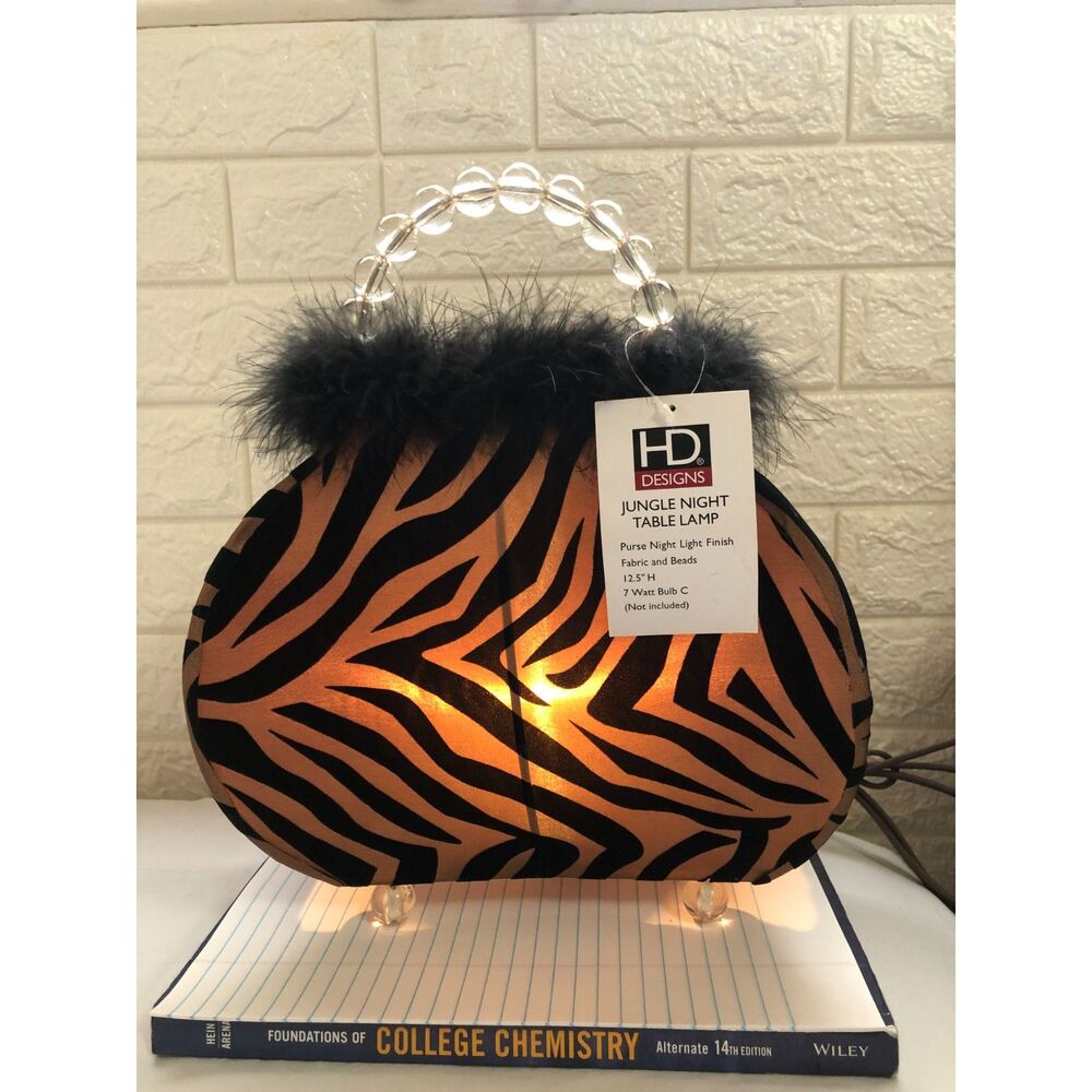 NWT Vtg HD Designs Jungle Night Purse Table Lamp Tiger Zebra Print Beads Y2K